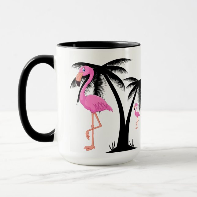 Caneca Flamingo cor-de-rosa que anda pela palmeira preta (Esquerda)