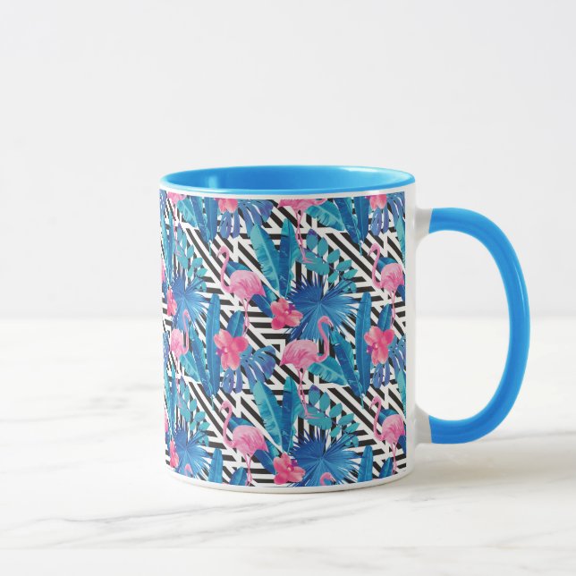 Caneca Flamingo & palmas no teste padrão geométrico (Direita)
