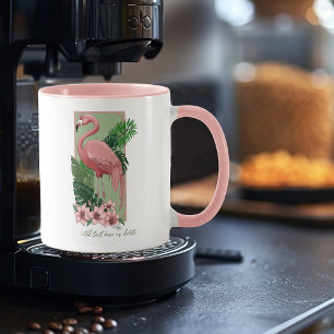 Caneca Flamingo Rosa Tropical Folhas de Palmeira Verde Lí