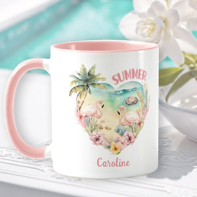 Caneca Flamingo Summer Heart Tropical Girly Name (Flamingo Summer Heart Tropical Girly Name Pink Mug)