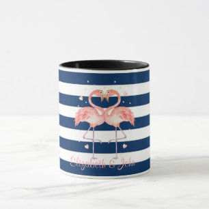 Caneca Flamingos Rosa Apaixonados,Listras Azul-Marinho