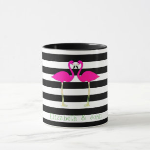 Caneca Flamingos Rosa,Listras Pretas e Brancas,Personaliz