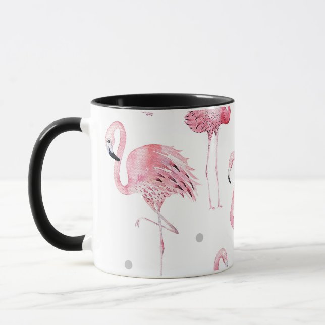 Caneca Flamingos Rosa Pontos Cinza Chique Padrão (Esquerda)