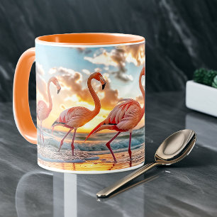 Caneca Flamingos Rosa Praia do Oceano Pôr do Sol
