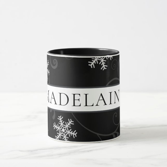 Caneca Floco de neve preto e branco com nome ou monograma (Centro)