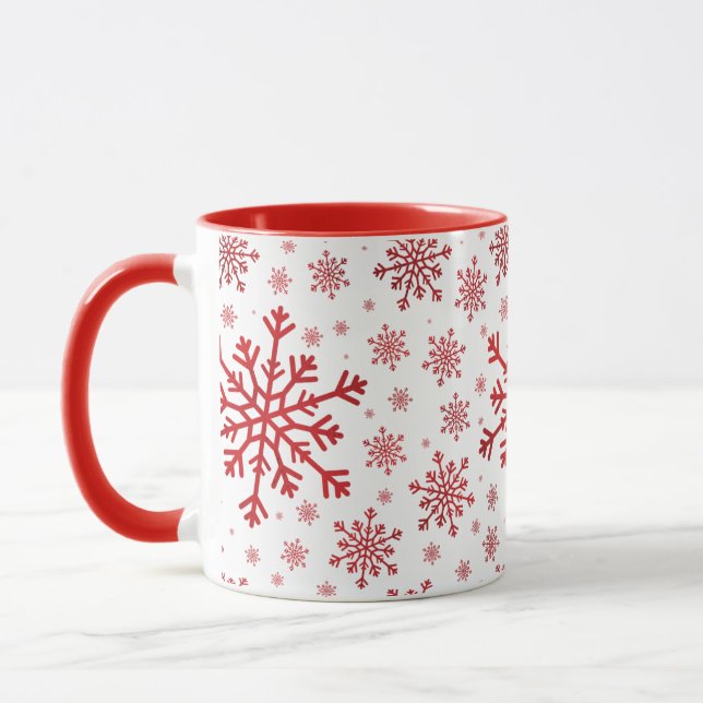 Caneca Flocos de neve Bonito de Natal Vermelho em Branco  (Esquerda)