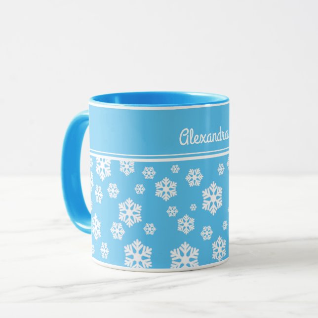 Caneca Flocos de neve brancos chic padrão nórdico em azul (Frente Esquerda)