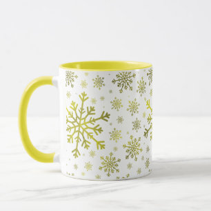 Caneca Flocos de neve de Natal Amarelos e Bonitos em bran