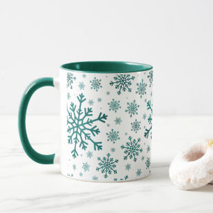 Caneca Flocos de neve de Natal verde e esmeralda em branc