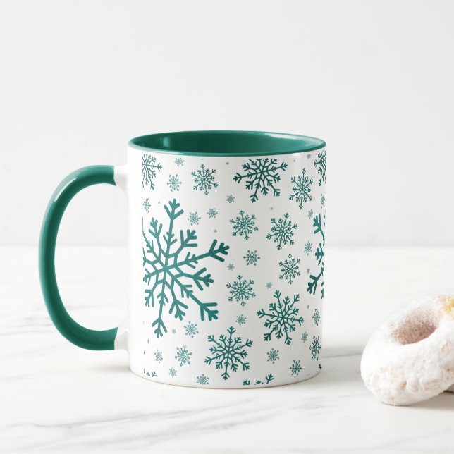 Caneca Flocos de neve de Natal verde e esmeralda em branc (Com Donut)