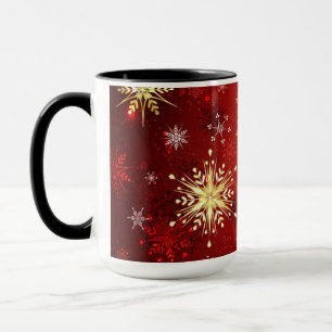 Caneca Flocos de neve do Ouro de Natal em Fundo Vermelho