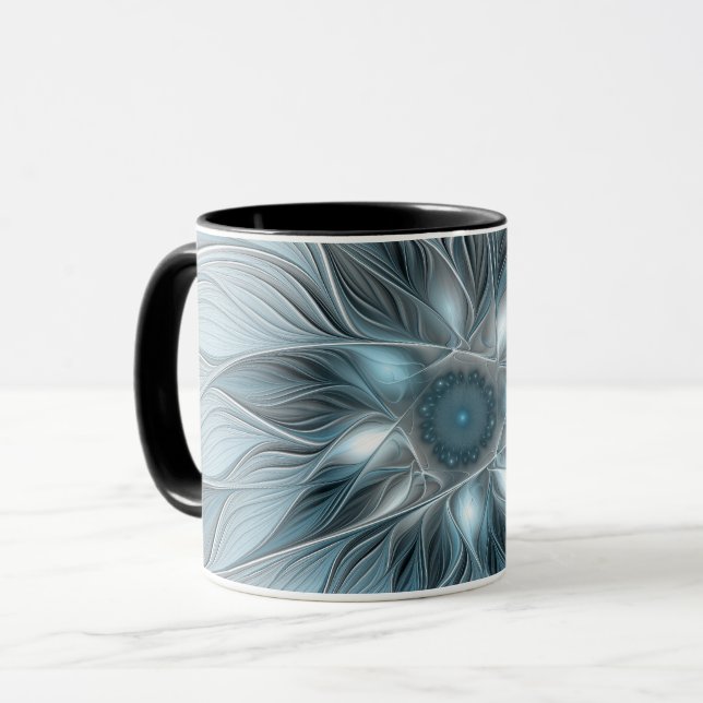 Caneca Flor Abstrata Alegre Azul Cinza Fractal Floral (Frente Esquerda)