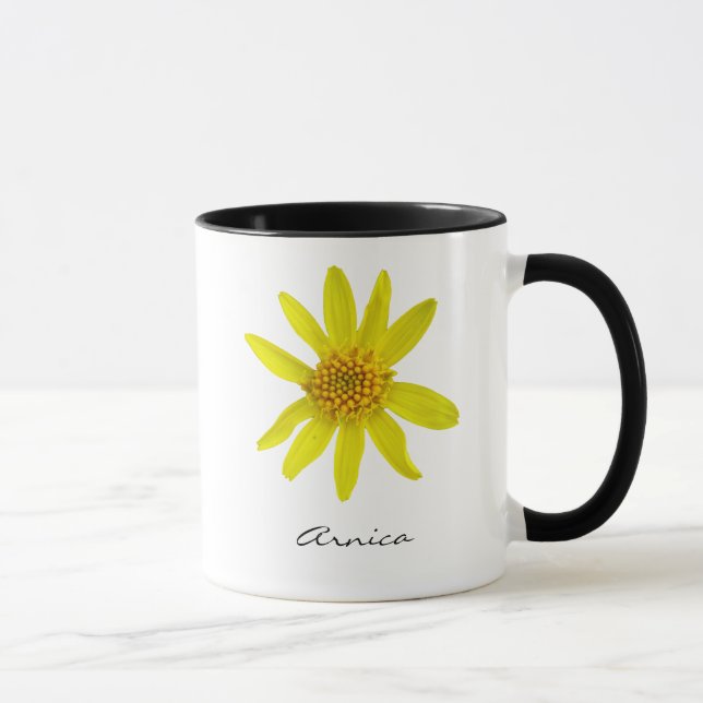 Caneca Flor amarela botânica da arnica com nome (Direita)