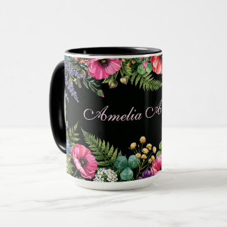 Caneca Flor de Campo em Aquarela Preta com Nome Personali