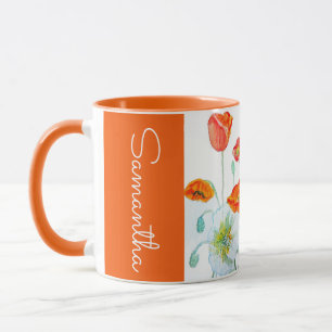 Caneca Flor de Papoula Laranja Vermelha Aquarela Mulheres