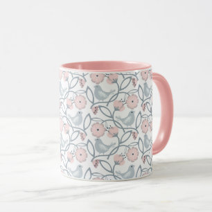 Caneca Flor e Aves Padrão Sem Costura