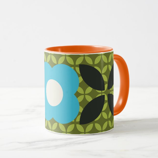 Caneca Flor Retro, Padrão Geométrico Azul Claro e Verde (Frente Esquerda)
