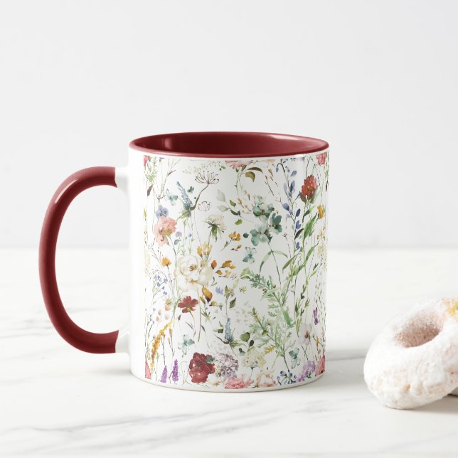 Caneca Flor Silvestre Boho Aquarela Primavera Flor (Com Donut)