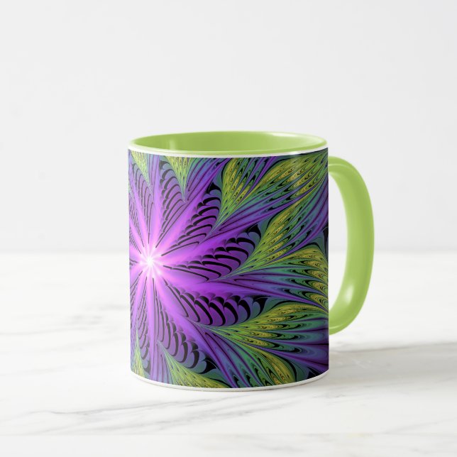 Caneca Flor Verde Roxo, Abstrato, Arte Fractal (Frente Esquerda)