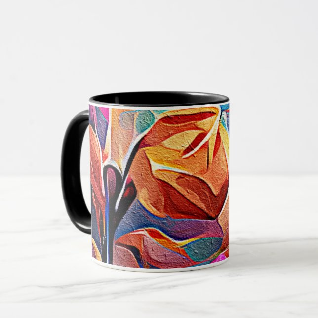 Caneca Floral Abstrato Art Laranja Vermelho Azul Flores (Frente Esquerda)