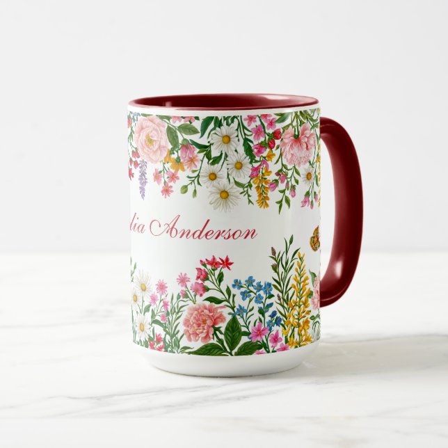 Caneca Floral Aquarelado Branco com Nome Personalizado (Frente Esquerda)