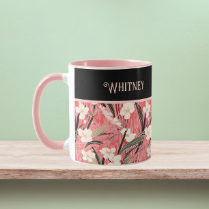 Caneca Floral Asiático Rosa Bege Branco Chinoiserie Monog
