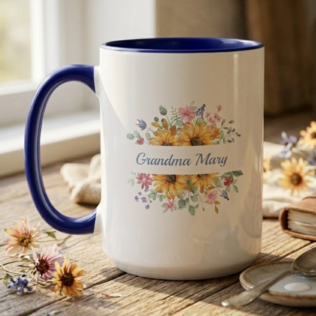 Caneca Floral Avó Nome Presente Girassol  (Watercolor sunflower mug with grandma's name — sweet Mother's Day gift for grandma)