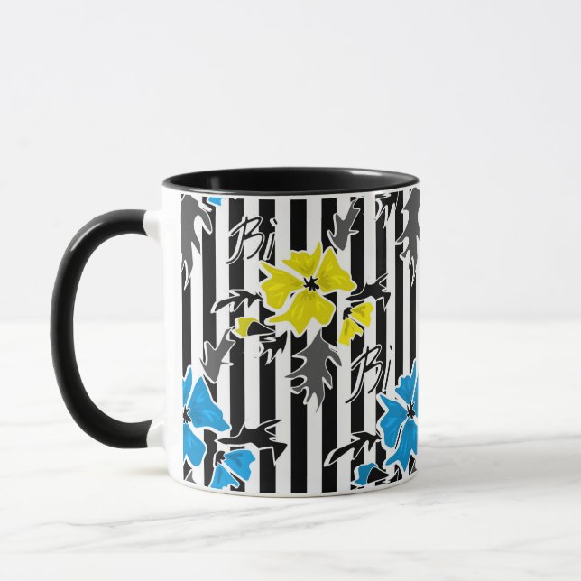 Caneca Floral azul amarelo sem emenda flores folhas cinza (Esquerda)