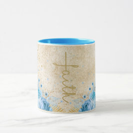 Caneca Floral Azul com Cruz de Fé Dourada
