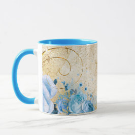 Caneca Floral Azul com Cruz de Fé Dourada