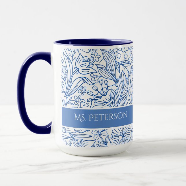 Caneca Floral Azul Elegante Personalizado (Esquerda)