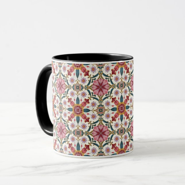 Caneca Floral Boho Pattern in Red, Pink & Teal (Frente Esquerda)