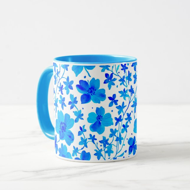 Caneca Floral Botânico em Azul Escuro e Branco (Frente Esquerda)