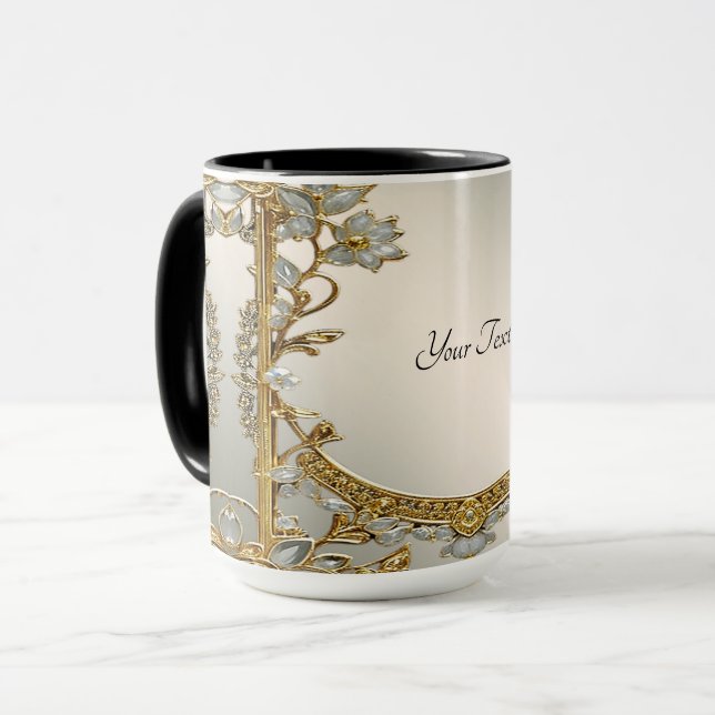 Caneca Floral Branca com Adornos Dourados (Frente Esquerda)