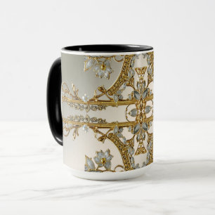 Caneca Floral Branca Ornada a Ouro