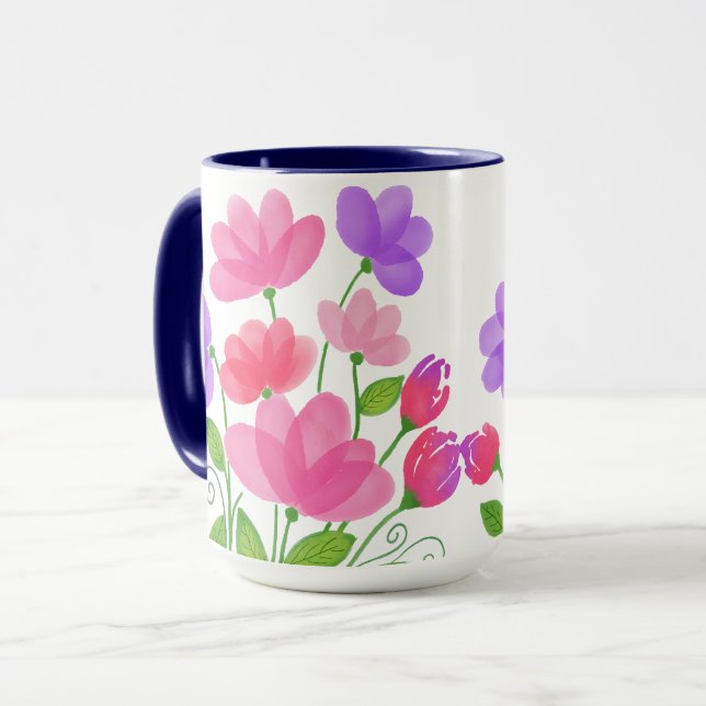 Caneca Floral de Aquarela Rosa Roxa (Frente Esquerda)