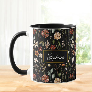 Caneca Floral de Flores Silvestres Vintage em Aquarela Mo