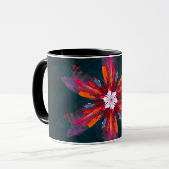 Caneca Floral Flores de Mandala Laranja Vermelho Abstrato (Frente Esquerda)