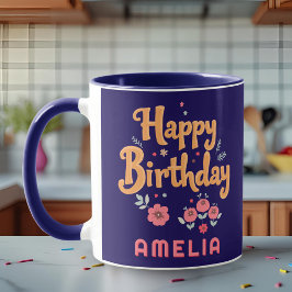 Caneca Floral Flowers Happy Birthday Handlettering