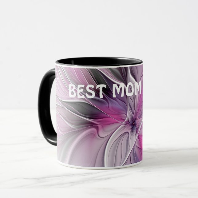 Caneca Floral Fractal Flor Abstrata Rosa Cinza Melhor Mãe (Frente Esquerda)