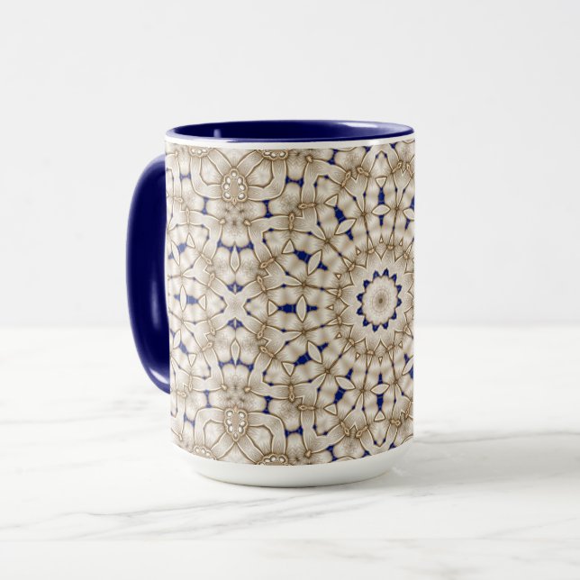 Caneca Floral Geométrica Dourada Azul (Frente Esquerda)