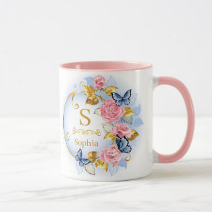 Caneca Floral Inicial Elegante Borboleta Monograma e Nome
