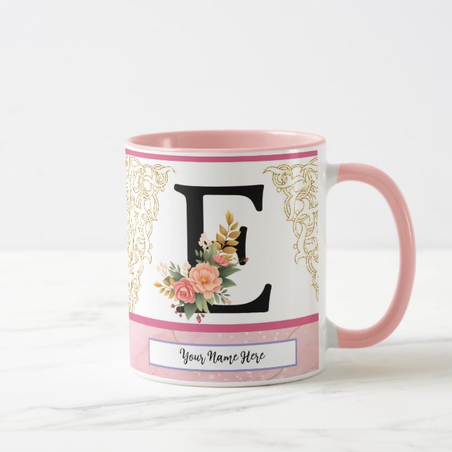 Caneca Floral Letter E Mug – Personalized Initial Cup wit (Direita)