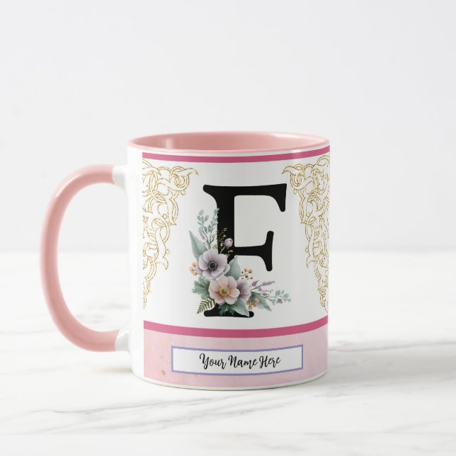 Caneca Floral Letter F – Personalized with Name Coffe Mug (Esquerda)