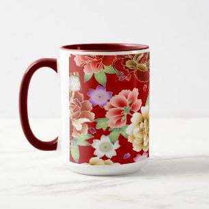 Caneca Floral Moderno Rosa Vermelho-Dourado Oriental