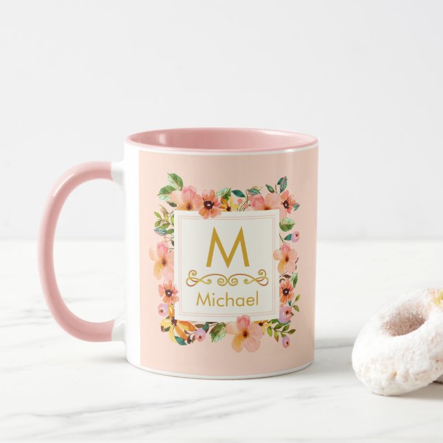 Caneca Floral Monogram I Custom Name & Gold Initial Gift (Com Donut)