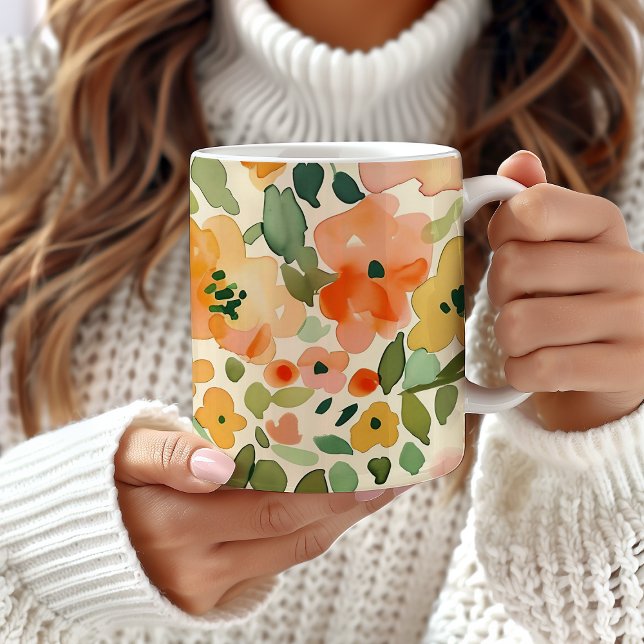 Caneca Floral, Peach Floral Patterine Mug, Aquarel (Criador carregado)
