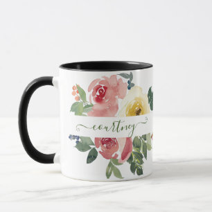 Caneca Floral personalizado com aquarela rosa e amarela