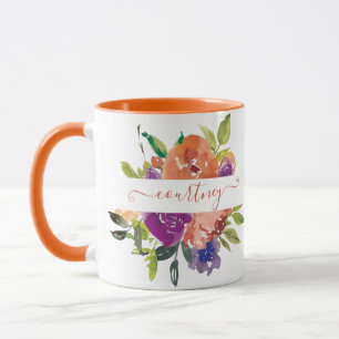 Caneca Floral personalizado com aquarela roxa e laranja