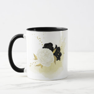 Caneca floral preto e branco dourado